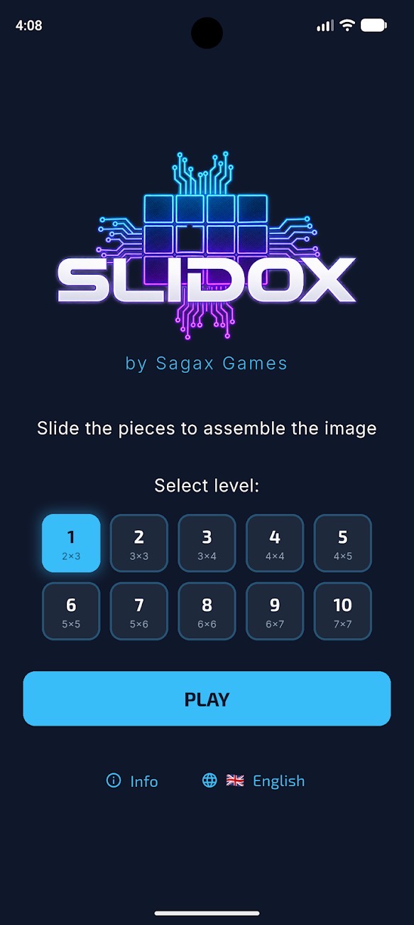 Slidox level selection from 2×3 to 7×7