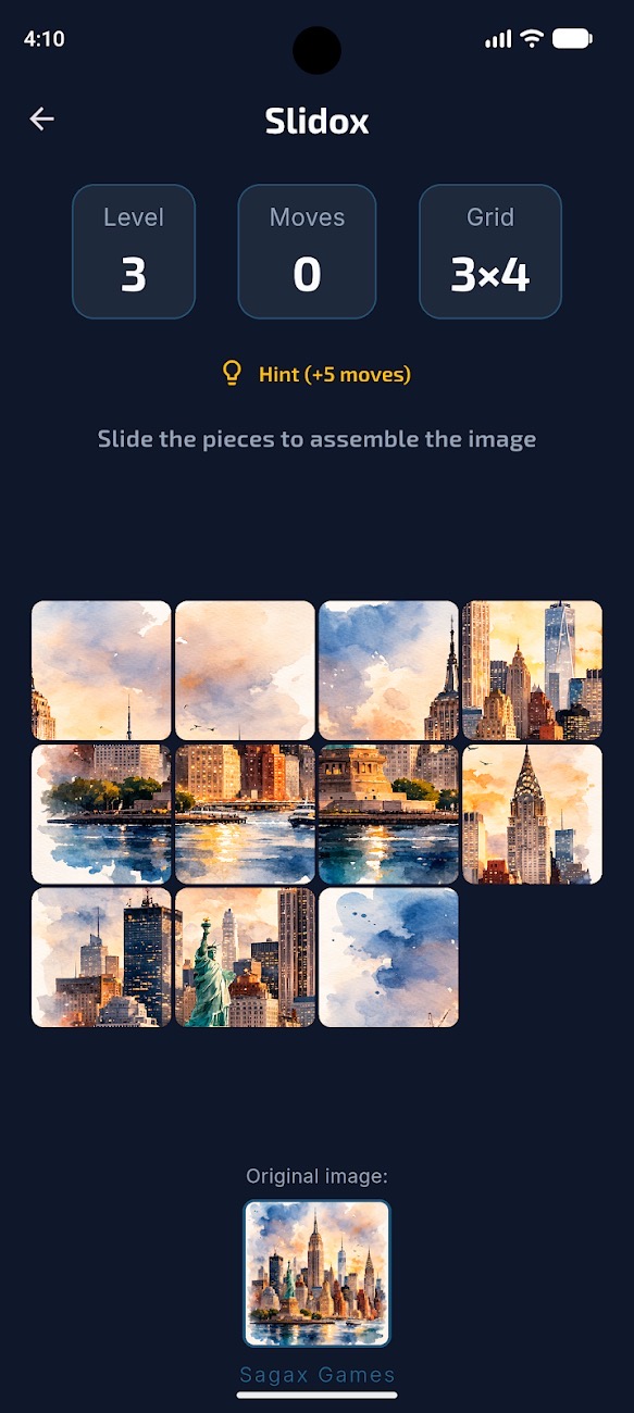 Slidox puzzle in progress with a watercolour city image